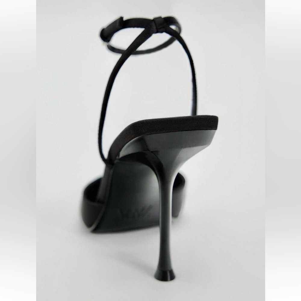 Zara NWT black satin fabric round toe ankle strap side buckle closed toe heels - Picture 4 of 8